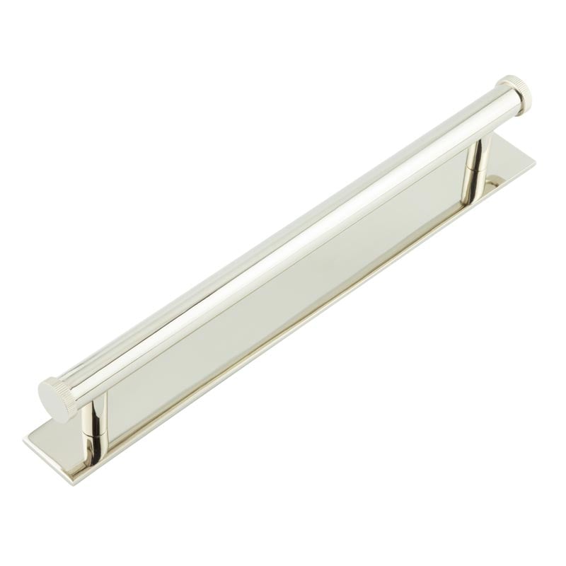 This is an image showing the Frelan - Hoxton Thaxted Cabinet Handles 224mm Ctrs Plain Backplate Polished Nickel available to order from Trade Door Handles in Kendal