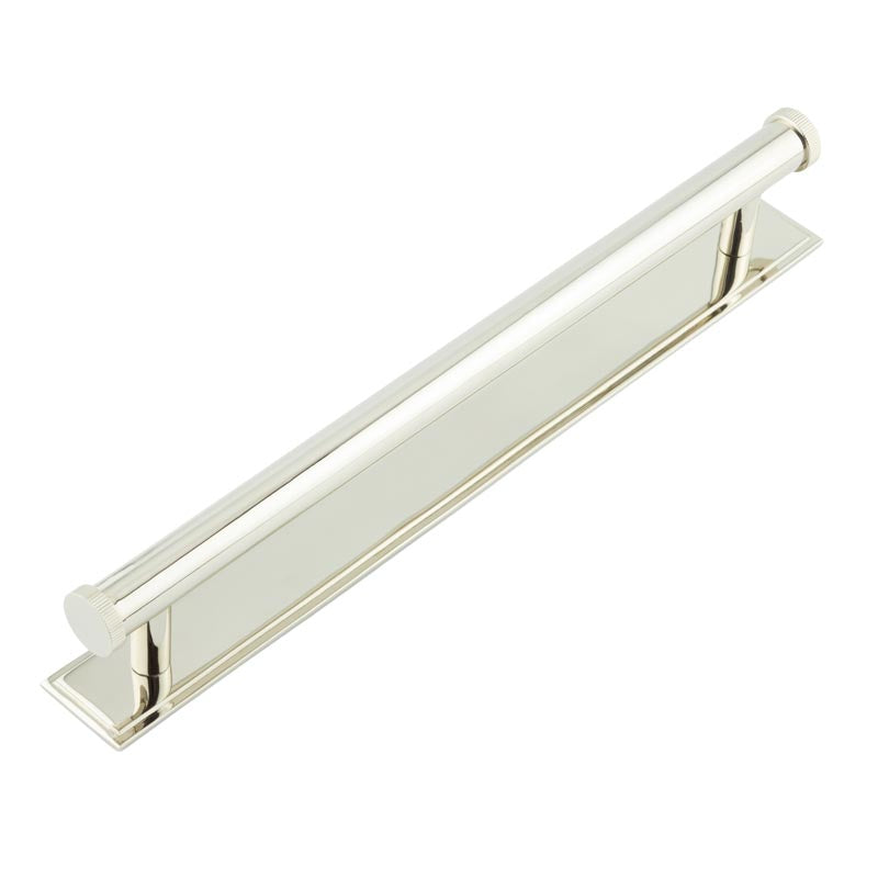 High quality image of Hoxton - Thaxted Cabinet Handles 224mm Ctrs Stepped Backplate Polished Nickel Sku. HOX-260PN-6060PN