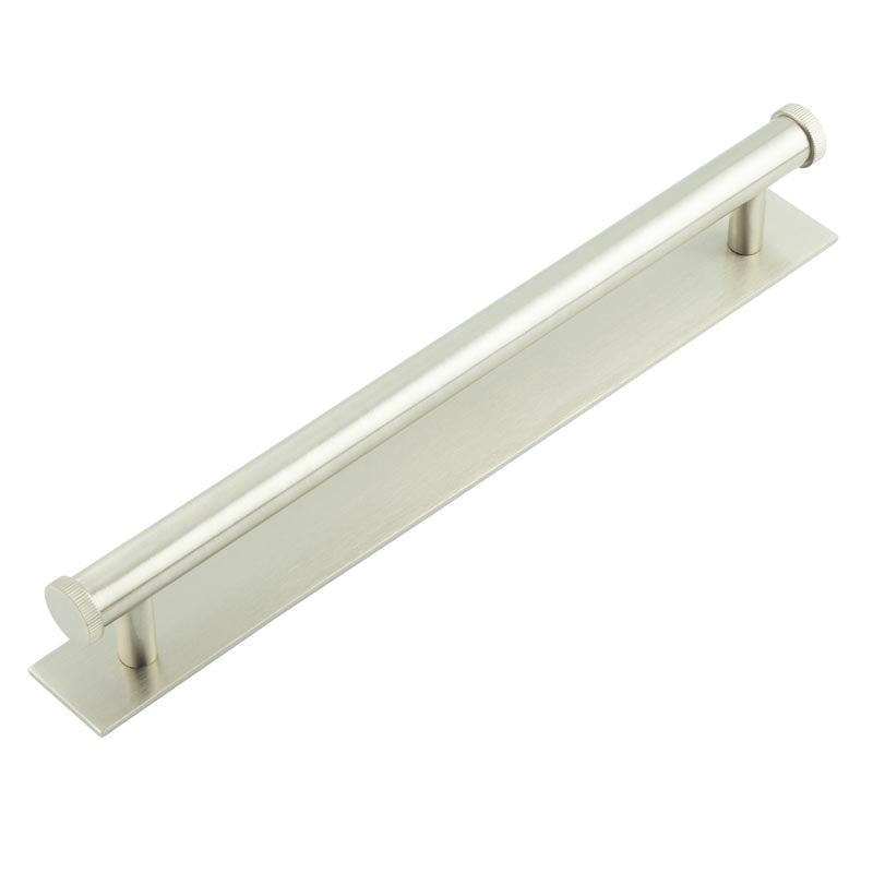 High quality image of Hoxton - Thaxted Cabinet Handles 224mm Ctrs Plain Backplate Satin Nickel Sku. HOX-260SN-5060SN