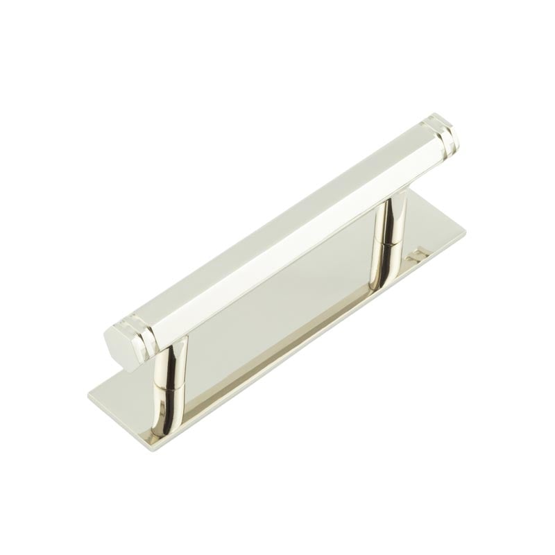 This is an image showing the Frelan - Hoxton Nile Cabinet Handles 96mm Ctrs Plain Backplate Polished Nickel available to order from Trade Door Handles in Kendal