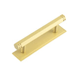 High quality image of Hoxton - Nile Cabinet Handles 96mm Ctrs Stepped Backplate Satin Brass Sku. HOX-350SB-6050SB