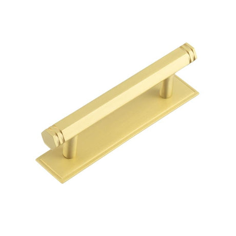 This is an image showing the Frelan - Hoxton Nile Cabinet Handles 96mm Ctrs Stepped Backplate Satin Brass available to order from Trade Door Handles in Kendal