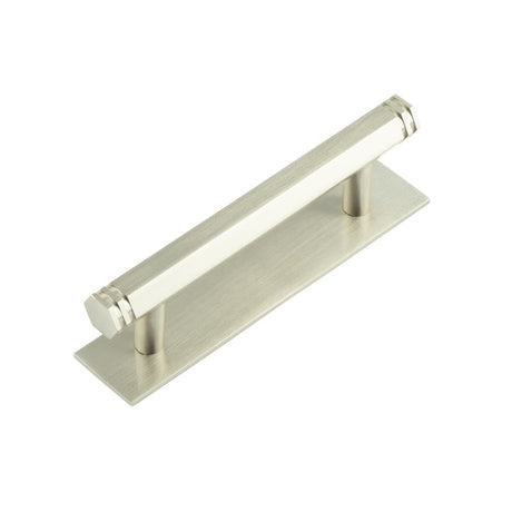 This is an image showing the Frelan - Hoxton Nile Cabinet Handles 96mm Ctrs Plain Backplate Satin Nickel available to order from Trade Door Handles in Kendal