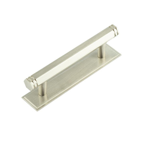 High quality image of Hoxton - Nile Cabinet Handles 96mm Ctrs Stepped Backplate Satin Nickel Sku. HOX-350SN-6050SN
