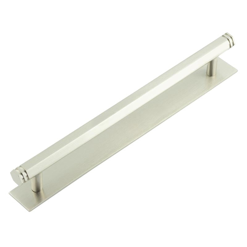 High quality image of Hoxton - Nile Cabinet Handles 224mm Ctrs Plain Backplate Satin Nickel Sku. HOX-360SN-5060SN