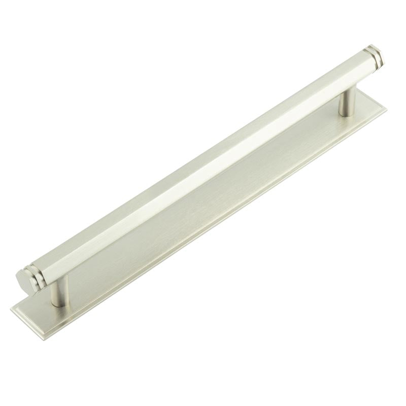 High quality image of Hoxton - Nile Cabinet Handles 224mm Ctrs Stepped Backplate Satin Nickel Sku. HOX-360SN-6060SN
