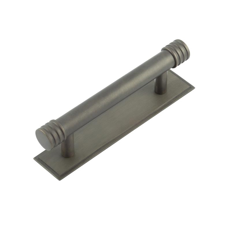 High quality image of Hoxton - Sturt Cabinet Handles 96mm Ctrs Stepped Backplate Dark Bronze Sku. HOX-450DB-6050DB
