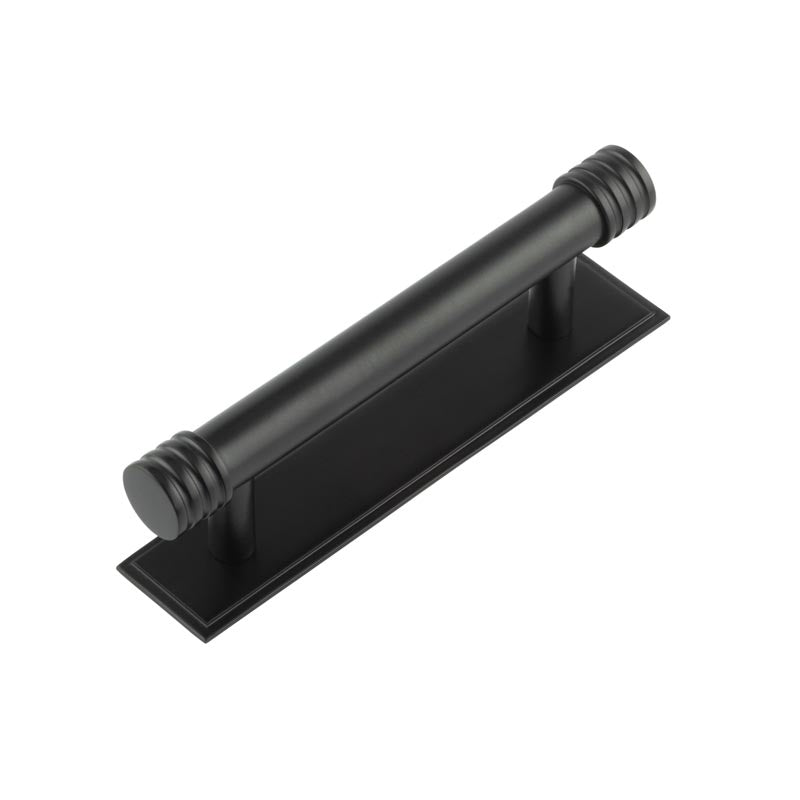 High quality image of Hoxton - Sturt Cabinet Handles 96mm Ctrs Stepped Backplate Matt Black Sku. HOX-450MB-6050MB
