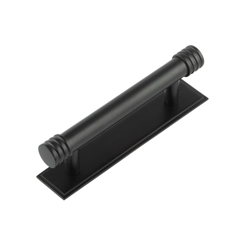 This is an image showing the Frelan - Hoxton Sturt Cabinet Handles 96mm Ctrs Stepped Backplate Matt Black available to order from Trade Door Handles in Kendal