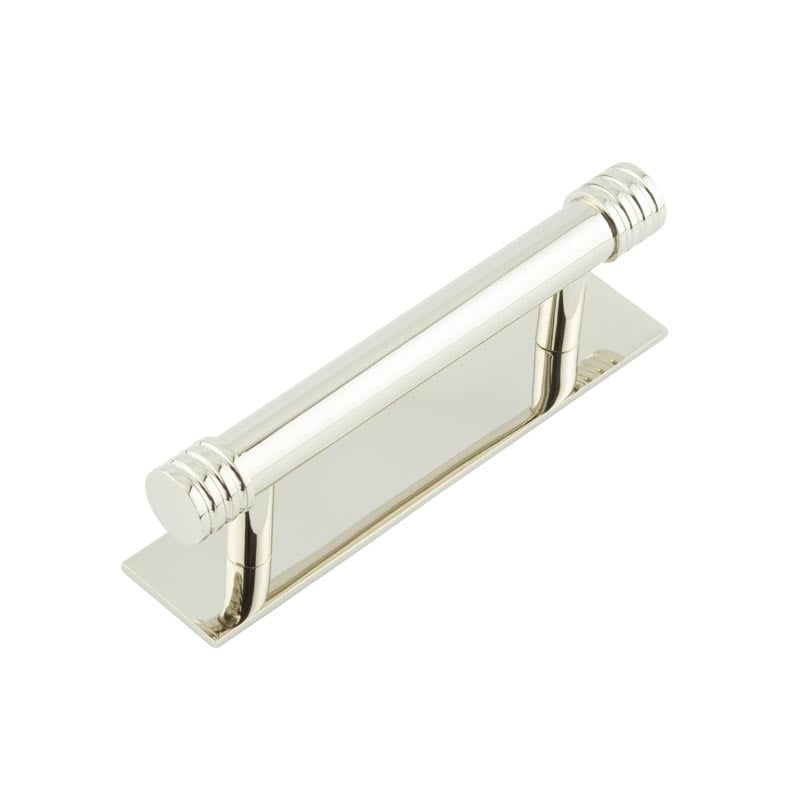 This is an image showing the Frelan - Hoxton Sturt Cabinet Handles 96mm Ctrs Plain Backplate Polished Nickel available to order from Trade Door Handles in Kendal