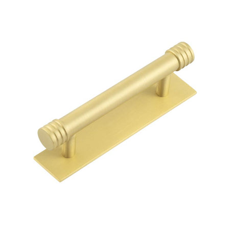 High quality image of Hoxton - Sturt Cabinet Handles 96mm Ctrs Plain Backplate Satin Brass Sku. HOX-450SB-5050SB