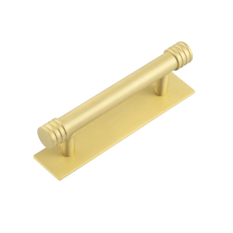 This is an image showing the Frelan - Hoxton Sturt Cabinet Handles 96mm Ctrs Plain Backplate Satin Brass available to order from Trade Door Handles in Kendal