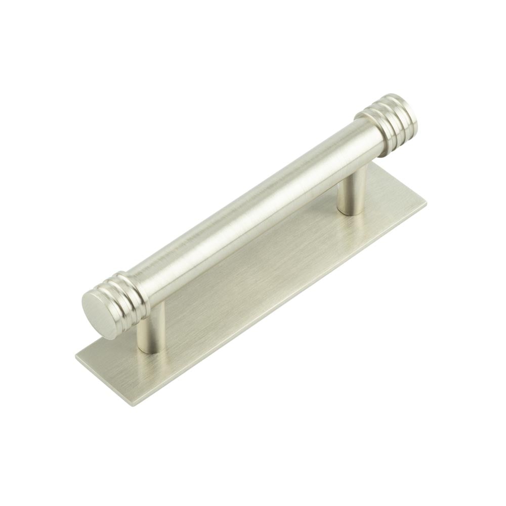 This is an image showing the Frelan - Hoxton Sturt Cabinet Handles 96mm Ctrs Plain Backplate Satin Nickel available to order from Trade Door Handles in Kendal