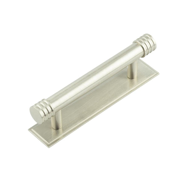 This is an image showing the Frelan - Hoxton Sturt Cabinet Handles 96mm Ctrs Stepped Backplate Satin Nickel available to order from Trade Door Handles in Kendal