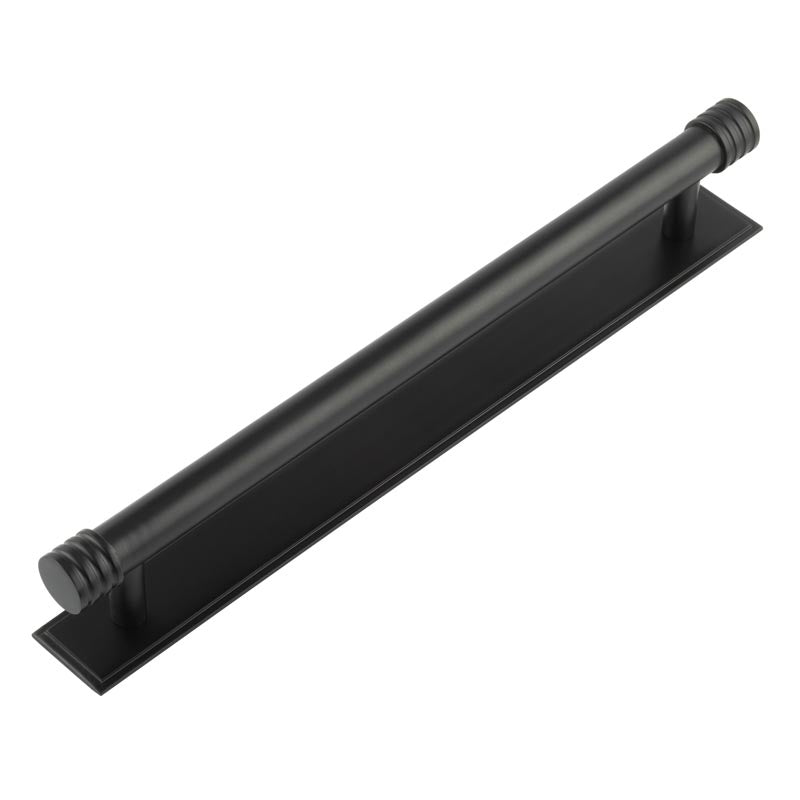 High quality image of Hoxton - Sturt Cabinet Handles 224mm Ctrs Stepped Backplate Matt Black Sku. HOX-460MB-6060MB