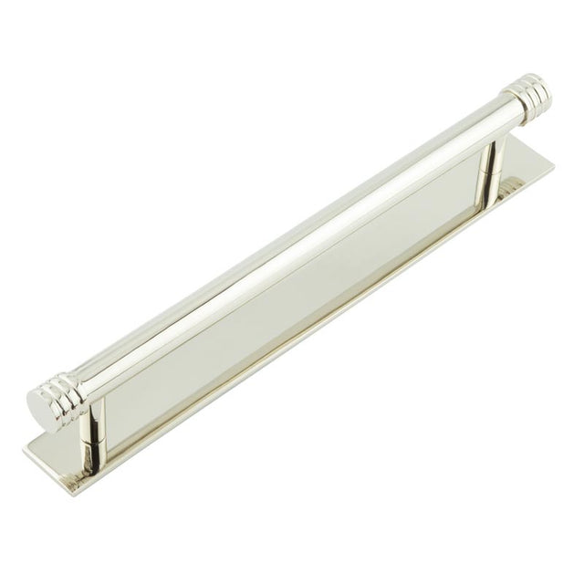 High quality image of Hoxton - Sturt Cabinet Handles 224mm Ctrs Plain Backplate Polished Nickel Sku. HOX-460PN-5060PN