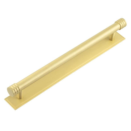 This is an image showing the Frelan - Hoxton Sturt Cabinet Handles 224mm Ctrs Stepped Backplate Satin Brass available to order from Trade Door Handles in Kendal