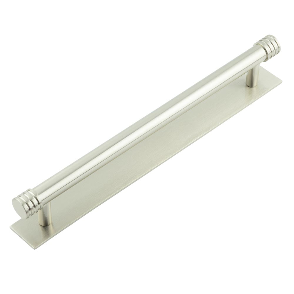 High quality image of Hoxton - Sturt Cabinet Handles 224mm Ctrs Plain Backplate Satin Nickel Sku. HOX-460SN-5060SN