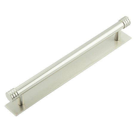 High quality image of Hoxton - Sturt Cabinet Handles 224mm Ctrs Plain Backplate Satin Nickel Sku. HOX-460SN-5060SN