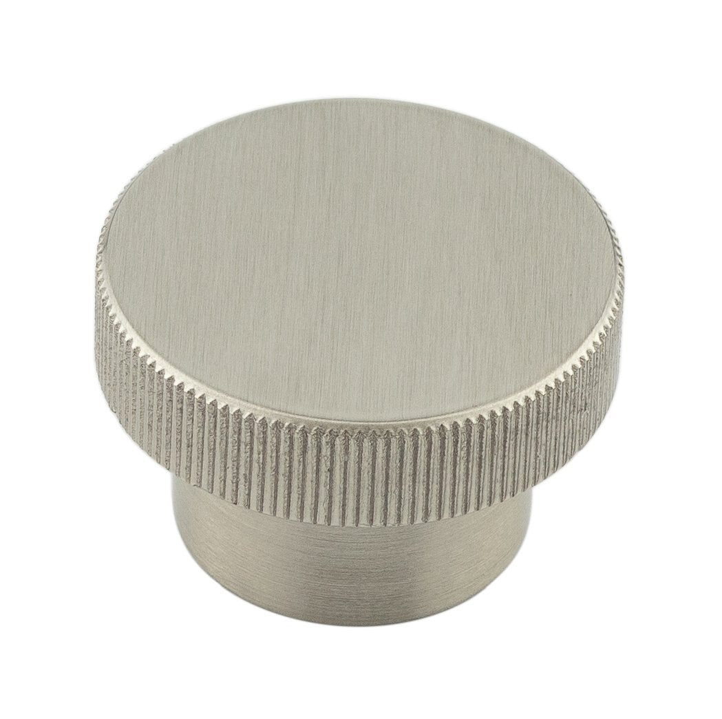 This is an image showing the Hoxton - Thaxted SN 40mm Line Knurled Cupboard Knob available to order from Trade Door Handles in Kendal