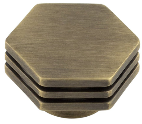 Frelan Hardware Cabinet Hardware Antique Brass / Cabinet Knobs / 40mm Dia. Hoxton - Nile AB 40mm Hex Cupboard Knob With Step Detail