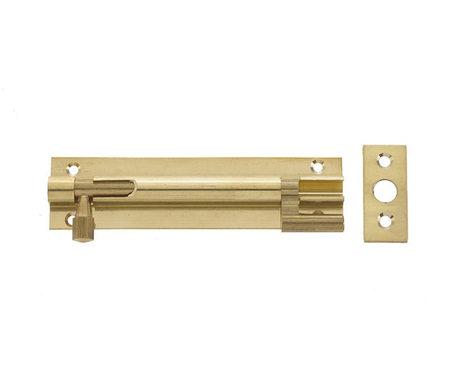 This is an image showing the Frelan - 100x25mm PB NKD Barrel bolt available to order from Trade Door Handles in Kendal