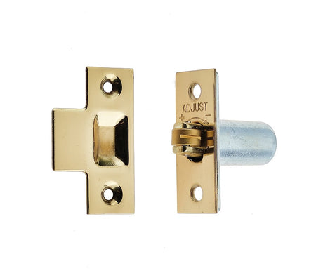 This is an image showing the Frelan - PB Adjustable rollerbolt catch (brass roller) available to order from Trade Door Handles in Kendal