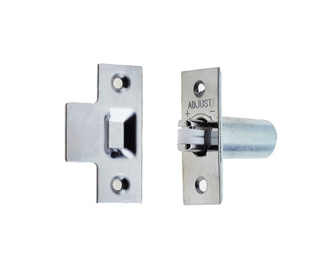 This is an image showing the Frelan - PC Adjustable rollerbolt catch (nylon roller) available to order from Trade Door Handles in Kendal