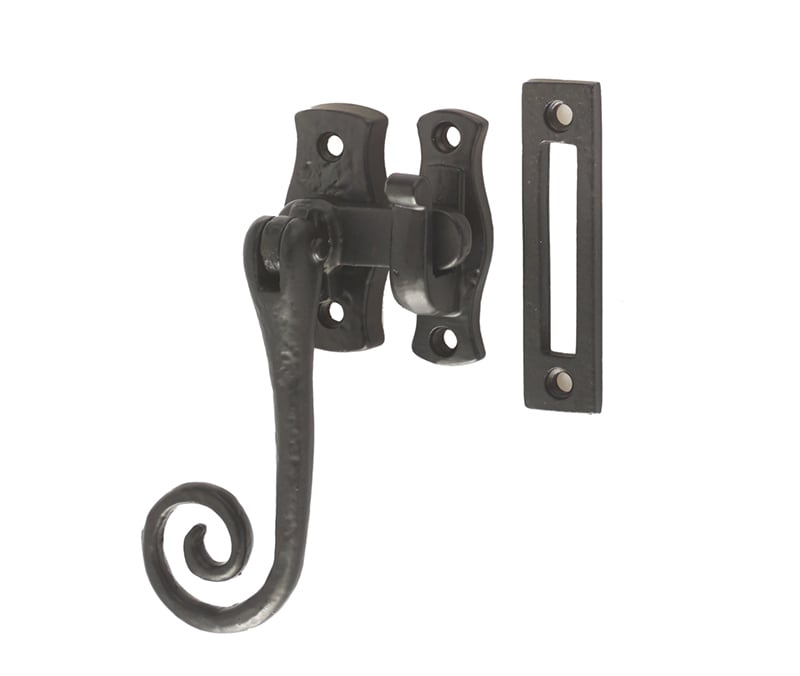 This is an image showing the Frelan - Monkey Tail Locking Casement Fastener Left - Antique Black available to order from Trade Door Handles in Kendal