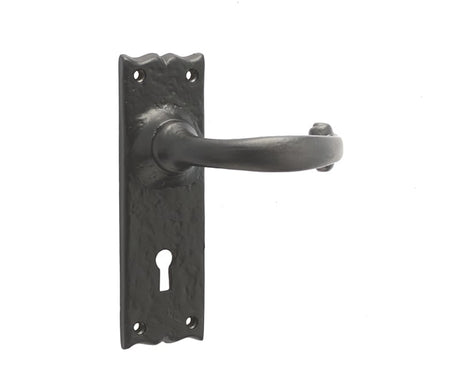 This is an image showing the Frelan - Regal Lever Lock Handles on Backplate - Antique Black available to order from Trade Door Handles in Kendal