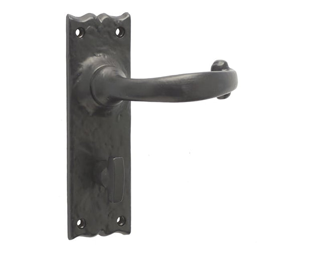 This is an image showing the Frelan - Regal Bathroom Lock Handles on Backplate - Antique Black available to order from Trade Door Handles in Kendal