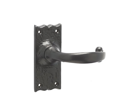 This is an image showing the Frelan - Regal Lever Short Plate Latch Handles on Backplate - Antique Black available to order from Trade Door Handles in Kendal