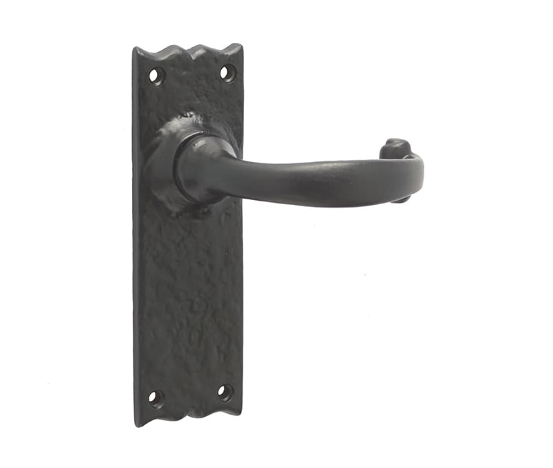 This is an image showing the Frelan - Regal Lever Long Plate Latch Handles on Backplate - Antique Black available to order from Trade Door Handles in Kendal