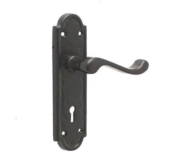 This is an image showing the Frelan - Turnberry Standard Lever Lock Handles on Backplate - Antique Black available to order from Trade Door Handles in Kendal