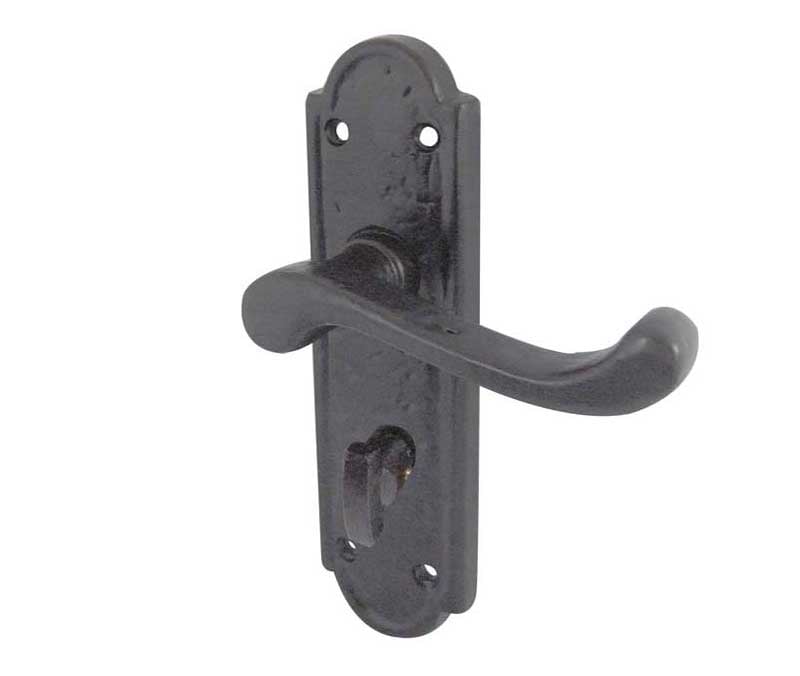 This is an image showing the Frelan - Turnberry Bathroom Lock Handles on Backplate - Antique Black available to order from Trade Door Handles in Kendal