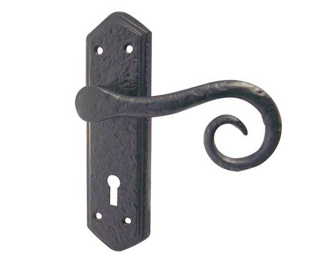 This is an image showing the Frelan - Royal Lever Lock Handles on Backplate - Antique Black available to order from Trade Door Handles in Kendal