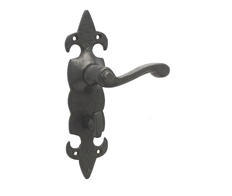 High quality image of Frelan - Fleur De Lys Suite Door Handle on Bathroom Plate Black Sku. JAB83B