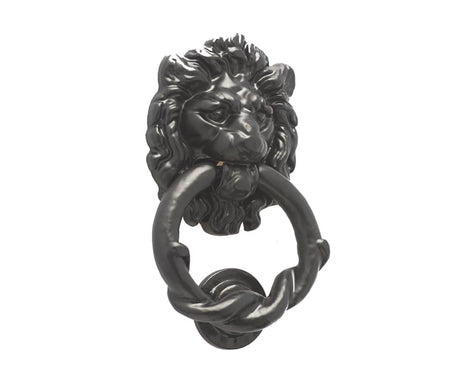 This is an image showing the Frelan - Lion Head Door Knocker - Antique Black available to order from Trade Door Handles in Kendal