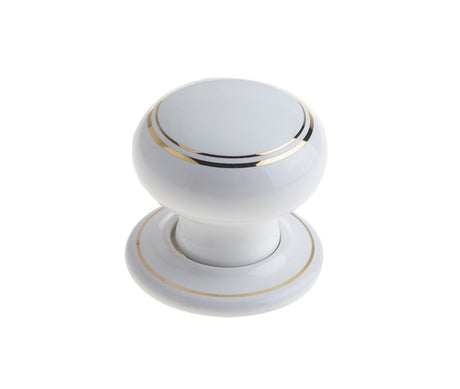 This is an image showing the Frelan - White Lined Porcelain Unsprung Mortice Knobs - White/Gold Line available to order from Trade Door Handles in Kendal