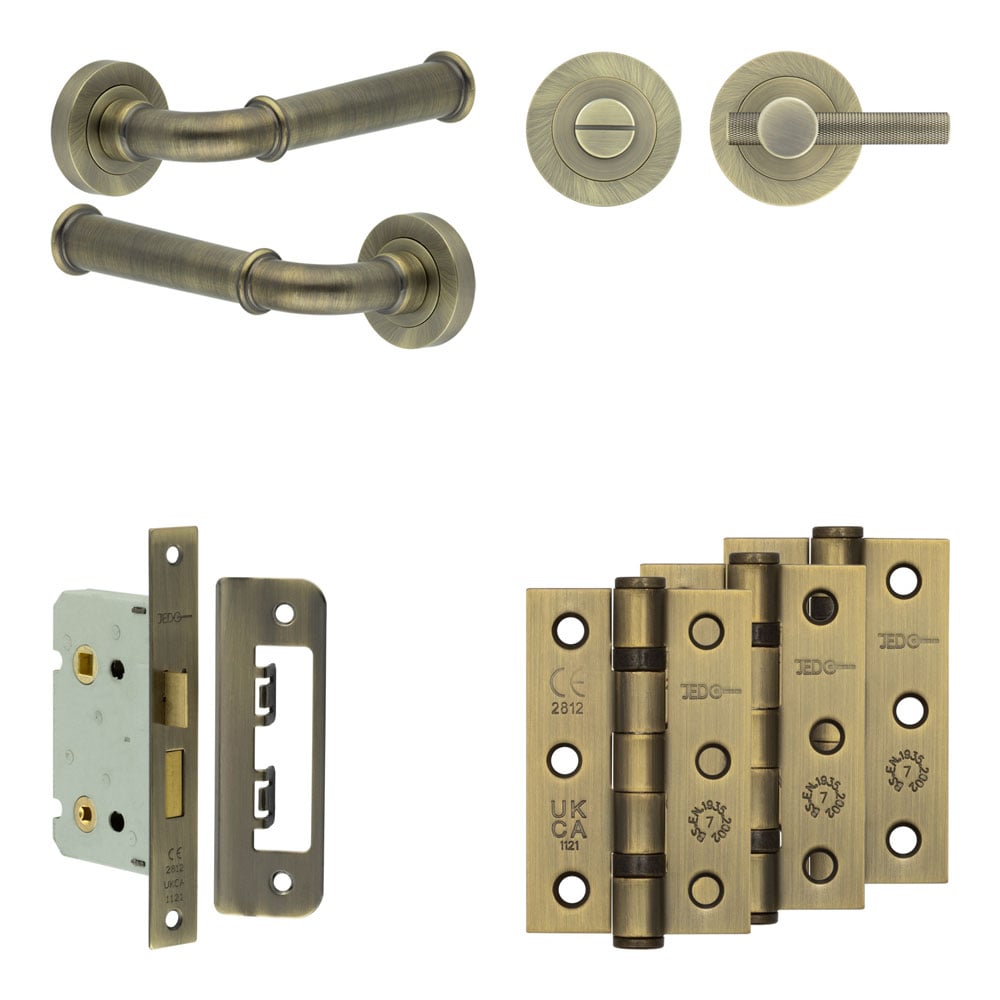 High quality image of Frelan - Complete Classic Door Handle Pack - Bathroom - Antique Brass Sku. JE-A5B1-AB
