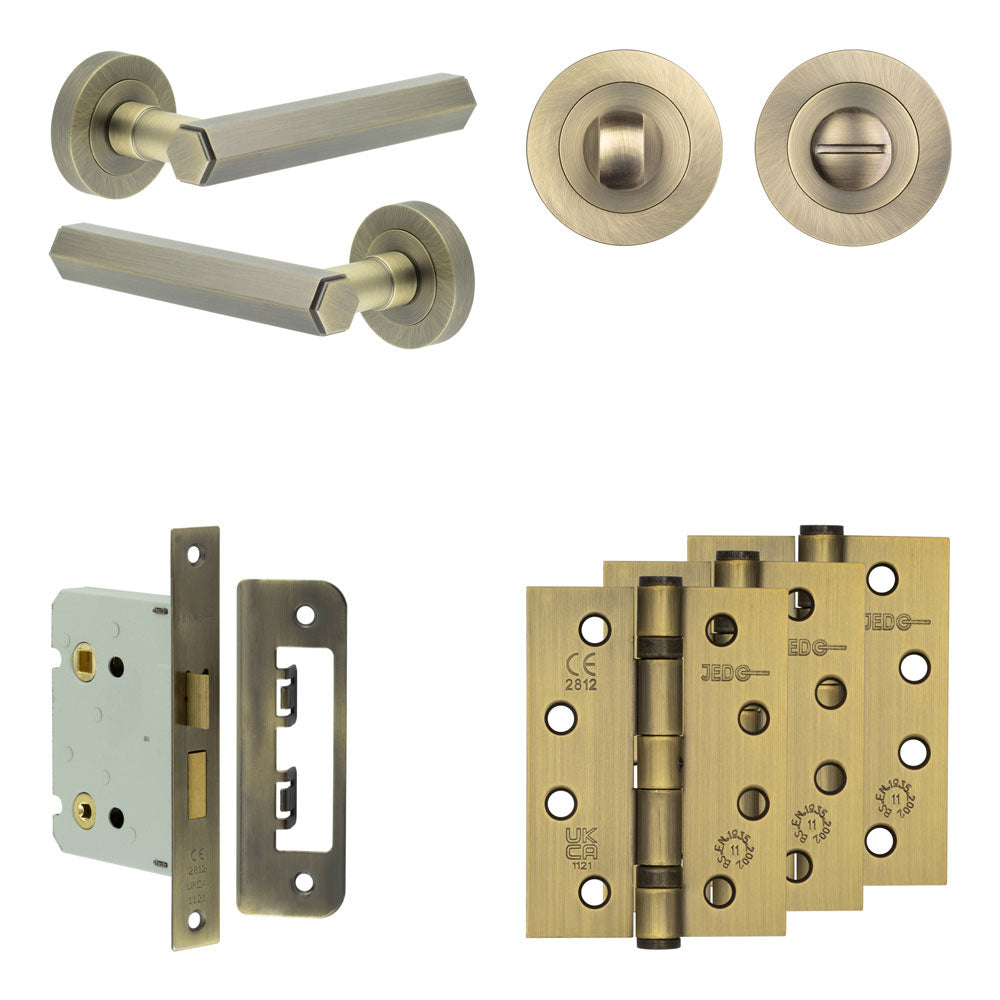 High quality image of Frelan - Complete Hex Door Handle Pack - Bathroom - Antique Brass Sku. JE-C6A3-AB