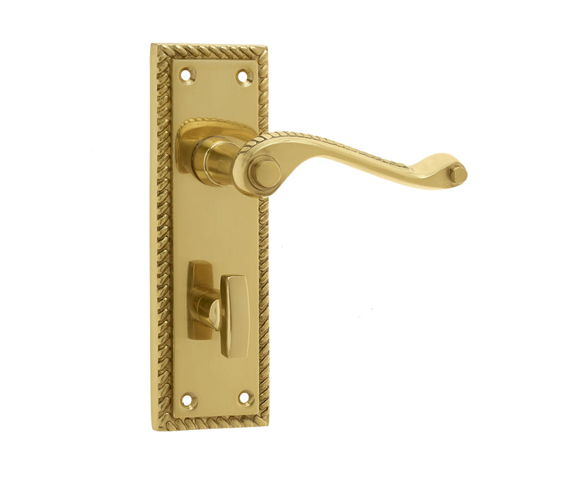High quality image of Frelan - Georgian Suite Door Handle on Bathroom Plate Polished Brass Sku. JG1BPB