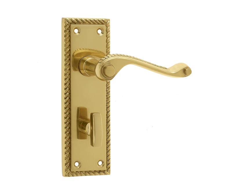 This is an image showing the Frelan - Georgian Suite Door Handle on Bathroom Plate Polished Brass available to order from Trade Door Handles in Kendal