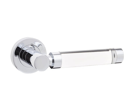 This is an image showing the Frelan - Milo Door Handle on Rose Plain Glass/Polished Chrome available to order from Trade Door Handles in Kendal