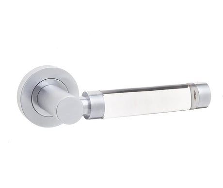 This is an image showing the Frelan - Milo Door Handle on Rose Plain Glass/Satin Chrome available to order from Trade Door Handles in Kendal