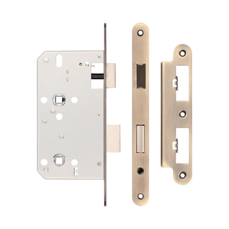 High quality image of Frelan - Jedo 78mm Din Bathroom Locks 60mm Backset Radiused Antique Brass Sku. JL-DB60RAB