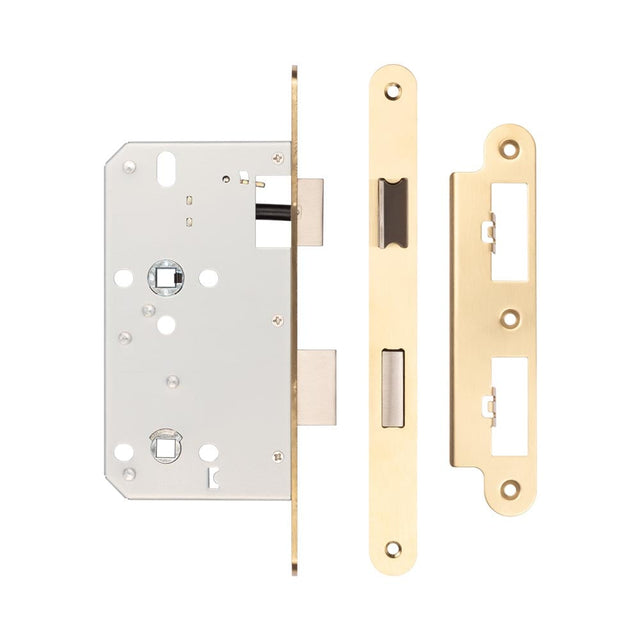 High quality image of Frelan - Jedo 78mm Din Bathroom Locks 60mm Backset Radiused Satin Brass Sku. JL-DB60RSB