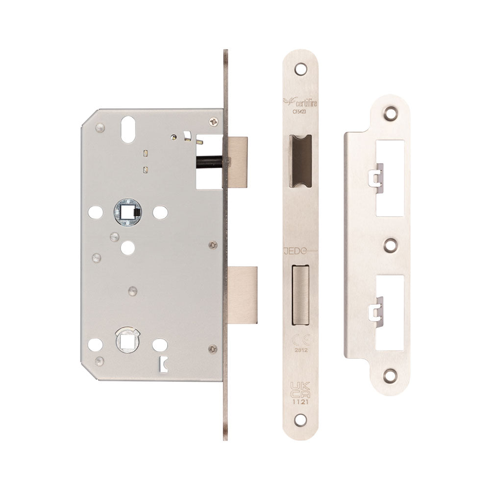 High quality image of Frelan - Jedo 78mm Din Bathroom Locks 60mm Backset Radiused Satin Stainless Steel Sku. JL-DB60RSSS