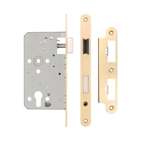High quality image of Frelan - 72mm Satin Brass Din Euro Escape lock Radiused 60mm Backset Sku. JL-DE60RSB