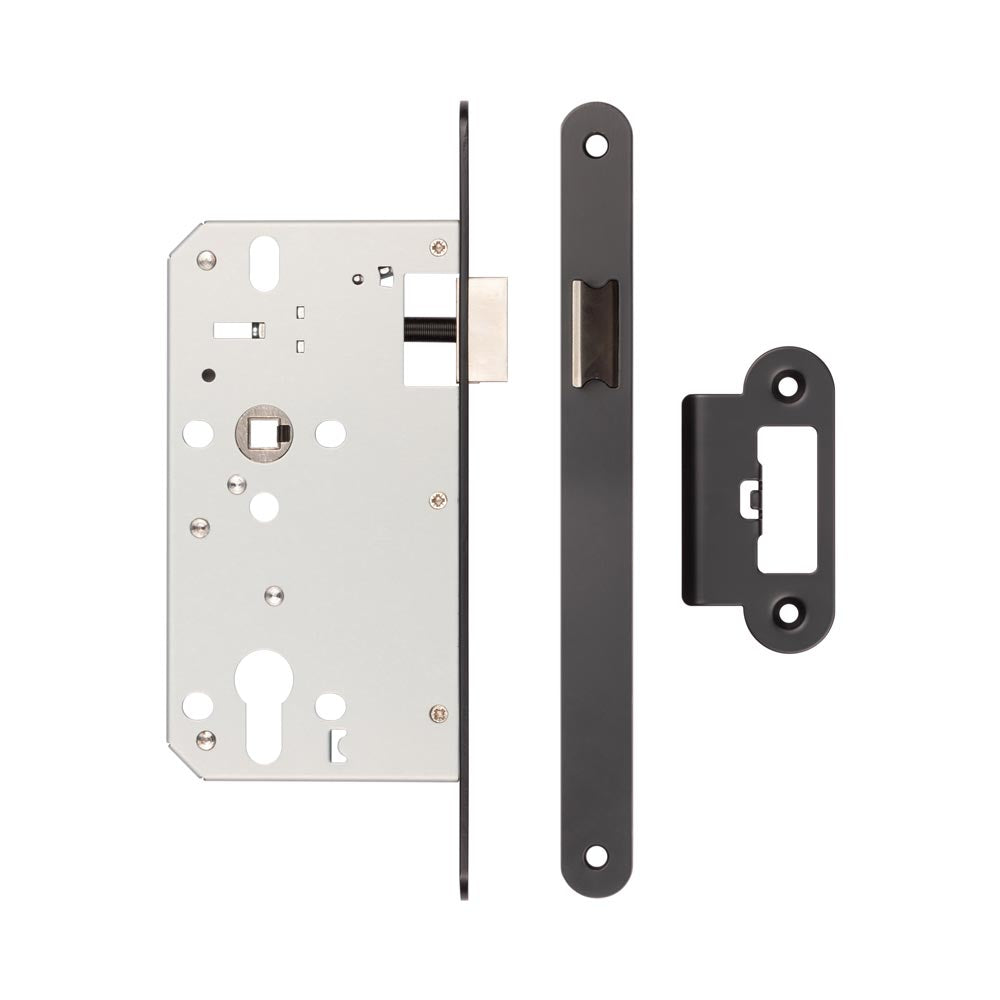 High quality image of Frelan - 72mm Black Din Euro Latch Radiused 60mm Backset Sku. JL-DL60RMB